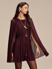 Mesh Cape Sleeve Tie-Waist Mini Dress