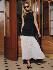 Polka Dot Hem Panel Sleeveless Ruched Maxi Dress