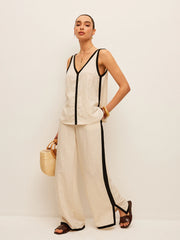 Cotton & Linen Contrast Trim V-Neck Pants Set