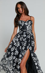 Nikky Midi Dress - Organza Full Skirt Dress in Black Floral