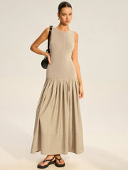 Sleeveless Knit-Top Pleated Midi Dress