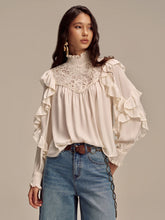Embroidered Mock Neck Ruffled Blouse
