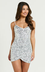 Sascha Mini Dress - Corset Wrap Skirt Sequin Dress in Silver