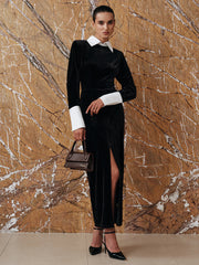 Contrast Panel Slit Long Sleeve Velvet Maxi Dress