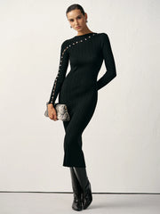 Textured Pearl Wool Blend Fitted Sweater Dress