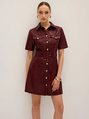 Shirt Collar Belted PU Leather Mini Dress
