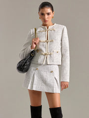 Metal Detail Knot Button Tweed Jacket