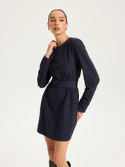 Long Sleeve Pinstripe Belted Mini Dress