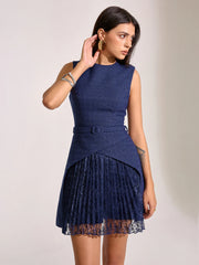 Belted Pleated Lace Mini Dress