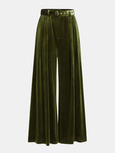 Belted Pleated Velvet Wide-Leg Pants