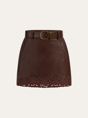 Jacquard Trim PU Leather Mini Skirt with Belt