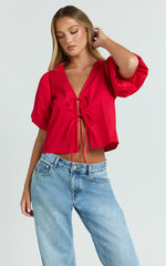 Dana Top - Bow Tie Front Puff Sleeve Blouse in Red