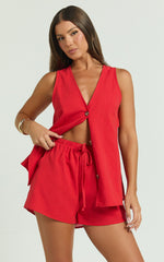 Devon Two Piece Set - Open Side Detail Top & Short Linen Look Set in Red