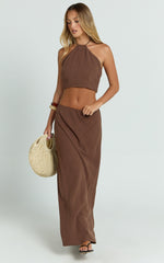 Chelsea Two Piece Set - Linen Halter Neck Top and Bias Cut Sheer Maxi Skirt in Chocolate