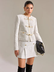 Metal Button Pleated Tweed Mini Skirt