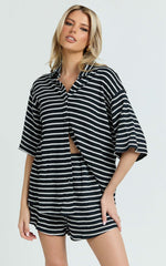 Dylan Two Piece Set - Striped Waffle Shirt and Short Set in Black & White Stripe