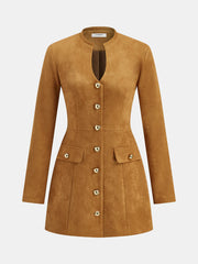 Metal Button Suede Effect Keyhole-Neck Mini Dress