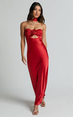 Cady Maxi Dress - Ruched Bust Rosette Detail Satin Dress in Red