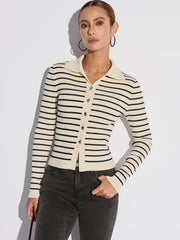 Metal Button Striped Collared Cardigan