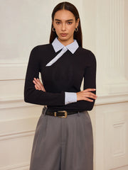 Striped Shirt Panel Ribbed Knit Top