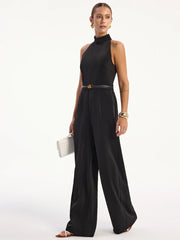 Satin Halter Neck Back Slit Jumpsuit without Belt