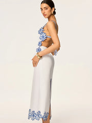 Semi-Sheer Floral Embroidery Back Bow Maxi Dress