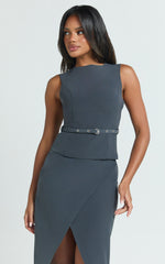 Jenni Top - Boat Neck Cut Out Belted Top in Slate Grey