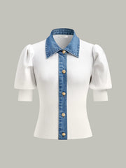 Knitted and Denim Contrast Button Top