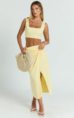 Gibson Two Piece Set - Linen Crop Top and Knot Front Midi Skirt Set in Yellow