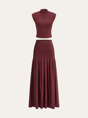 Mock Neck Sleeveless Top and Pleated Midi Skirt Set