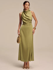 Satin Mock Neck Sleeveless Maxi Dress