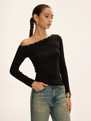Studded Off Shoulder Long Sleeve T-Shirt