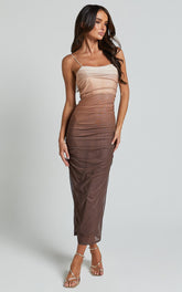 Aldine Midi Dress - Ombre Mesh Bodycon Dress in Chocolate