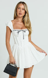 Chester Mini Dress - Cap Sleeve Corset Waist Fit And Flare Broiderie Dress in White