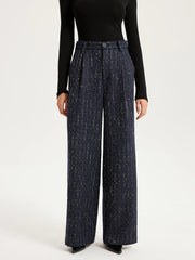 Mid-Waist Tweed Sequin Wide-Leg Pants