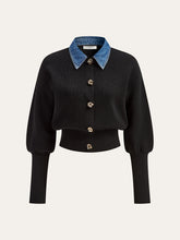 Wool Blend Denim Collar Puff Sleeve Cardigan