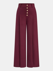 High-Waist Metal Button Pleated Wide-Leg Pants