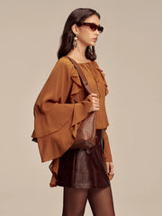 Chiffon Ruffled Tiered Sleeve Tie-Neck Blouse