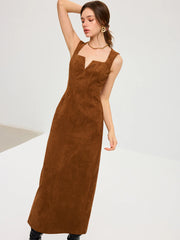 Suede Effect Low-Neck Sleeveless Maxi Dress