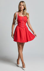 Adana Mini Dress - Fit and Flare Eyelet Corset Detail Mini Dress in Red