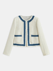 Tweed Contrast Trim Round Neck Blazer