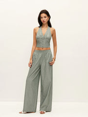 Striped Button-Detail Halter Top With Pants Set