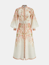 Leg-Of-Mutton Sleeve Floral Print Belted Maxi Dress