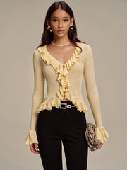 Ruffled V-Neck Knit Cardigan