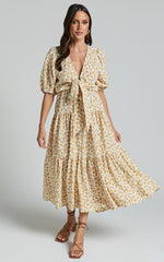 Alena Midi Dress - Short Puff Sleeve Tie Front Tiered Dress in Golden Floral