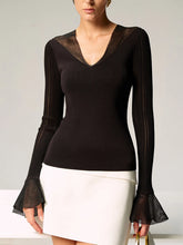 Sheer Paneled Bell Sleeve Knit Top