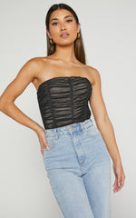 Isabella Bodysuit - Ruched Strapless Mesh Corset in Black