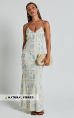 Zinnia Midi Linen Dress - Strappy Linen Slip Dress in Beige/Blue Border Print