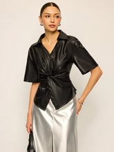 PU Leather Short Sleeve Twisted Blouse