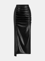 Asymmetric Ruched Faux Leather Midi Skirt
